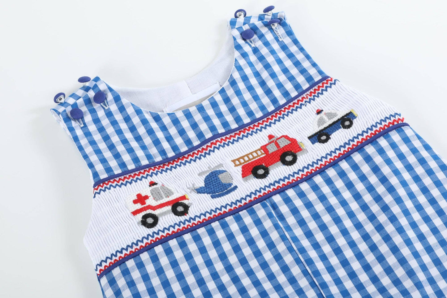 Emergency Vehicle Smocked Overalls: 6-12M