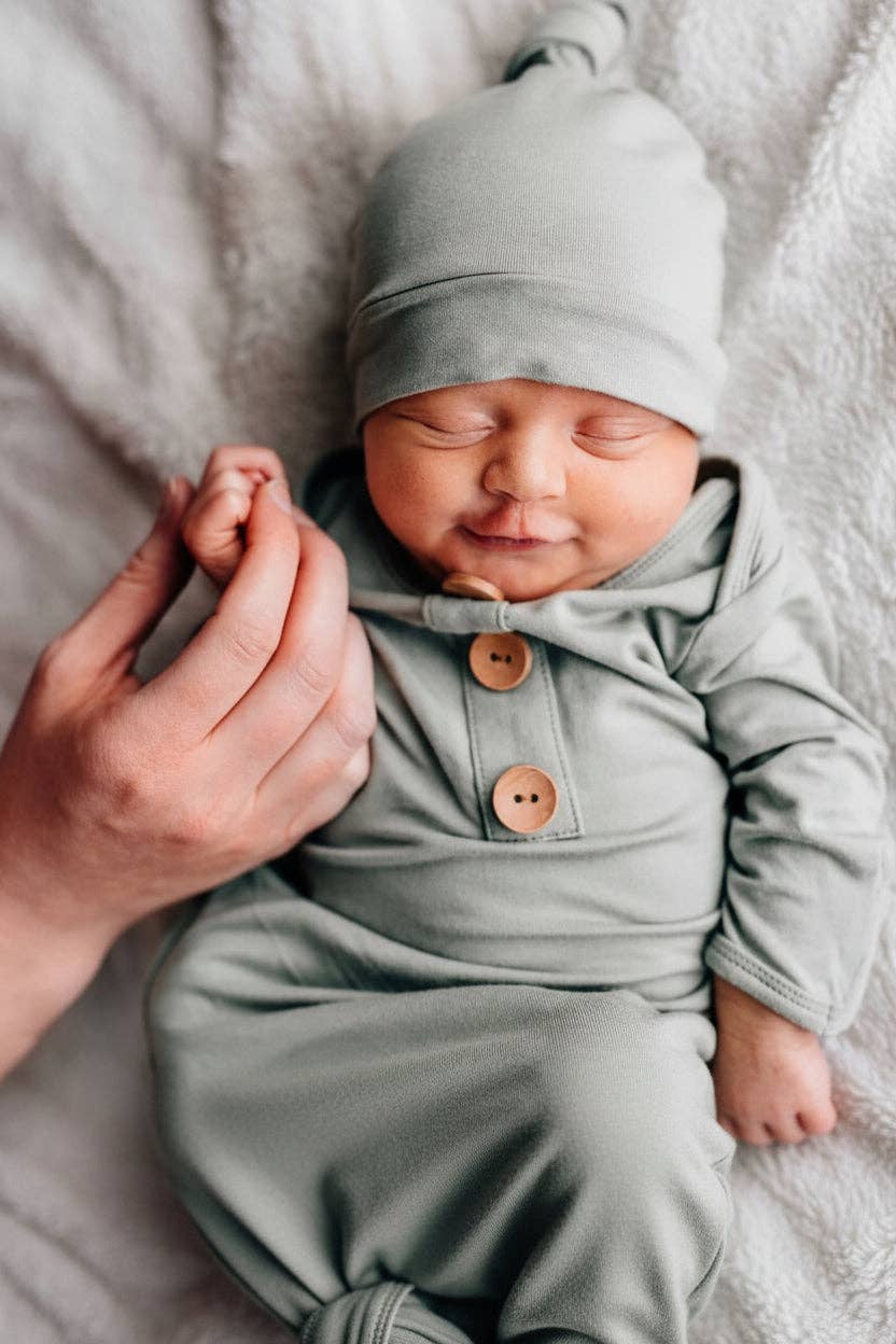 Solid Moss Baby Knot Gown & Hat