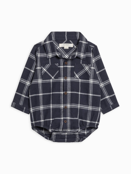 Flannel Collared Bodysuit: Navy Plaid