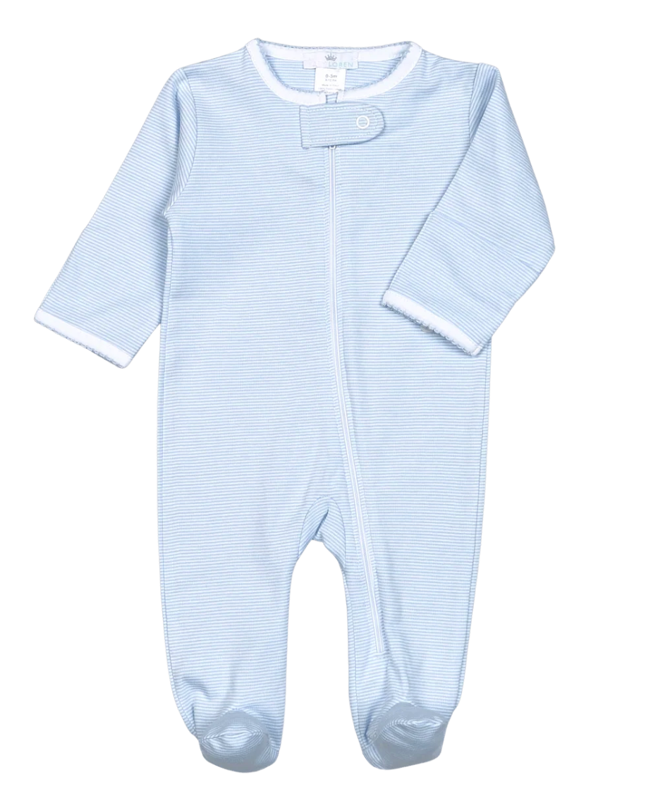 Blue Tiny Stripes Zipper Footie