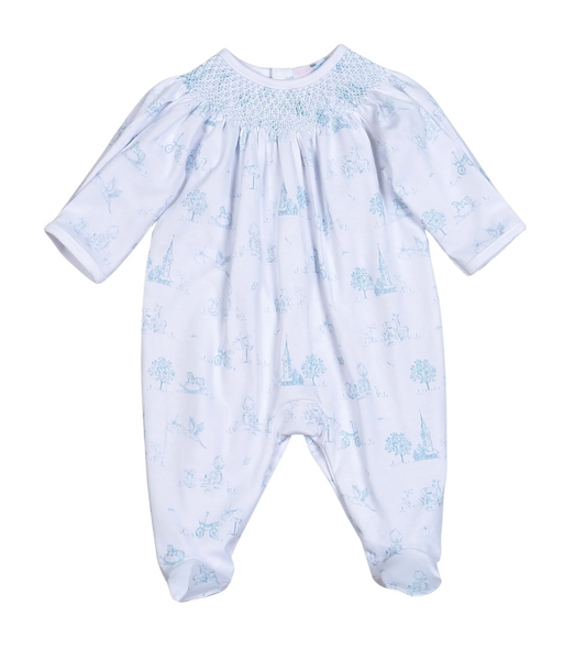 Blue Toile Smocked Footie