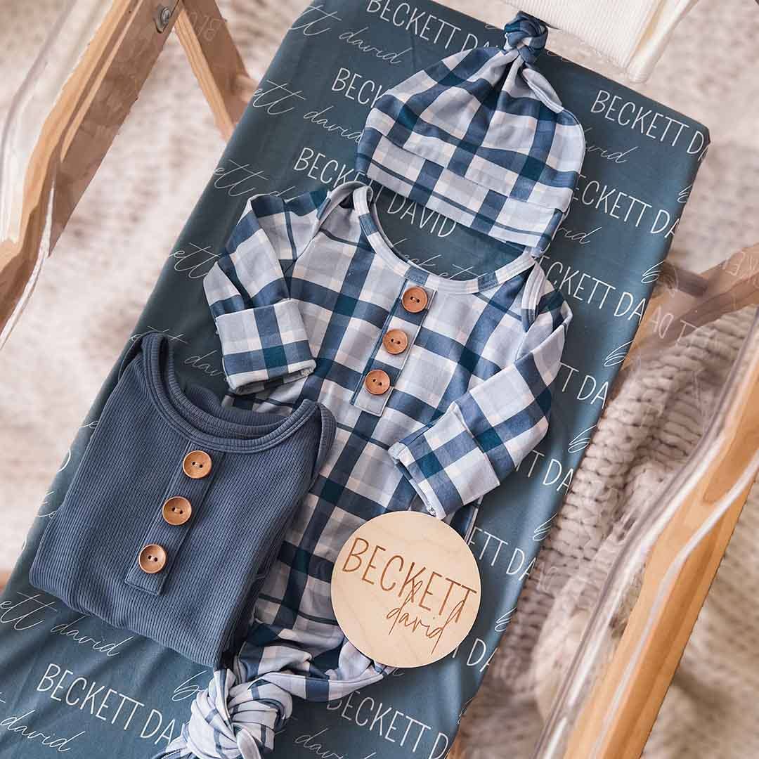 Paxton's Plaid Baby Knot Gown & Hat Set