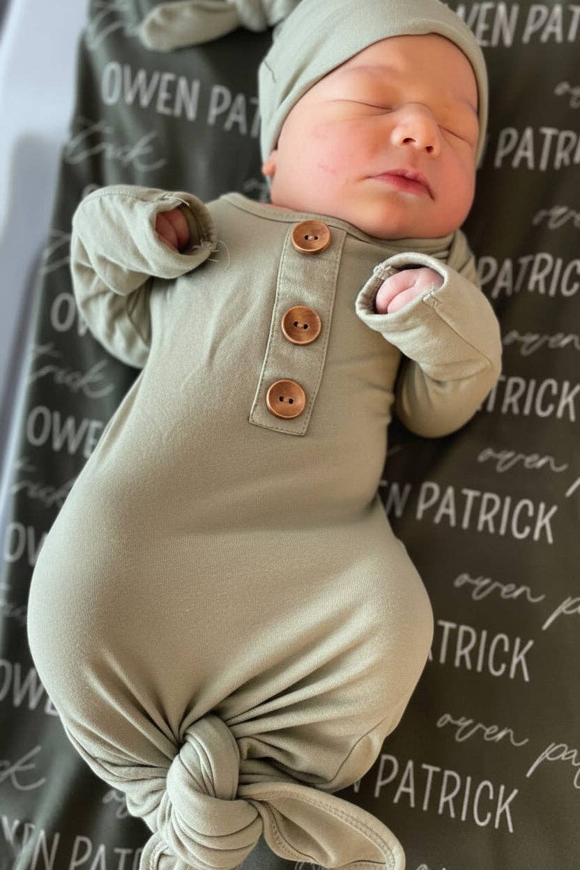Solid Moss Baby Knot Gown & Hat