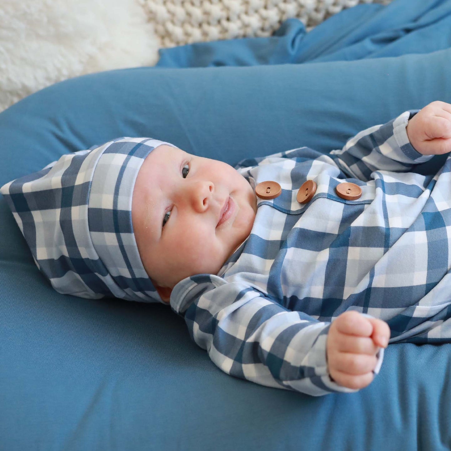 Paxton's Plaid Baby Knot Gown & Hat Set
