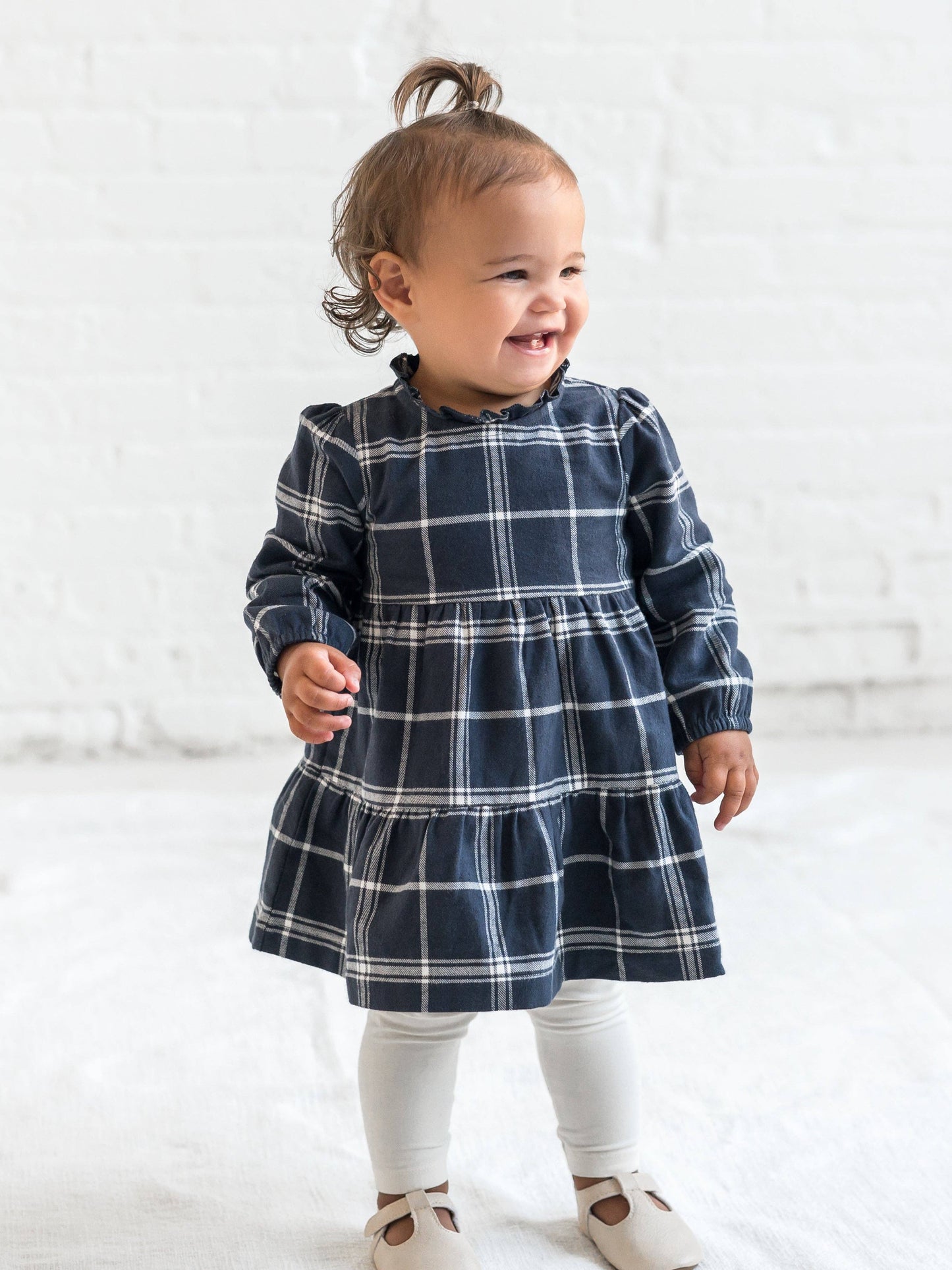 Flannel Long Sleeve Dress: Navy Plaid